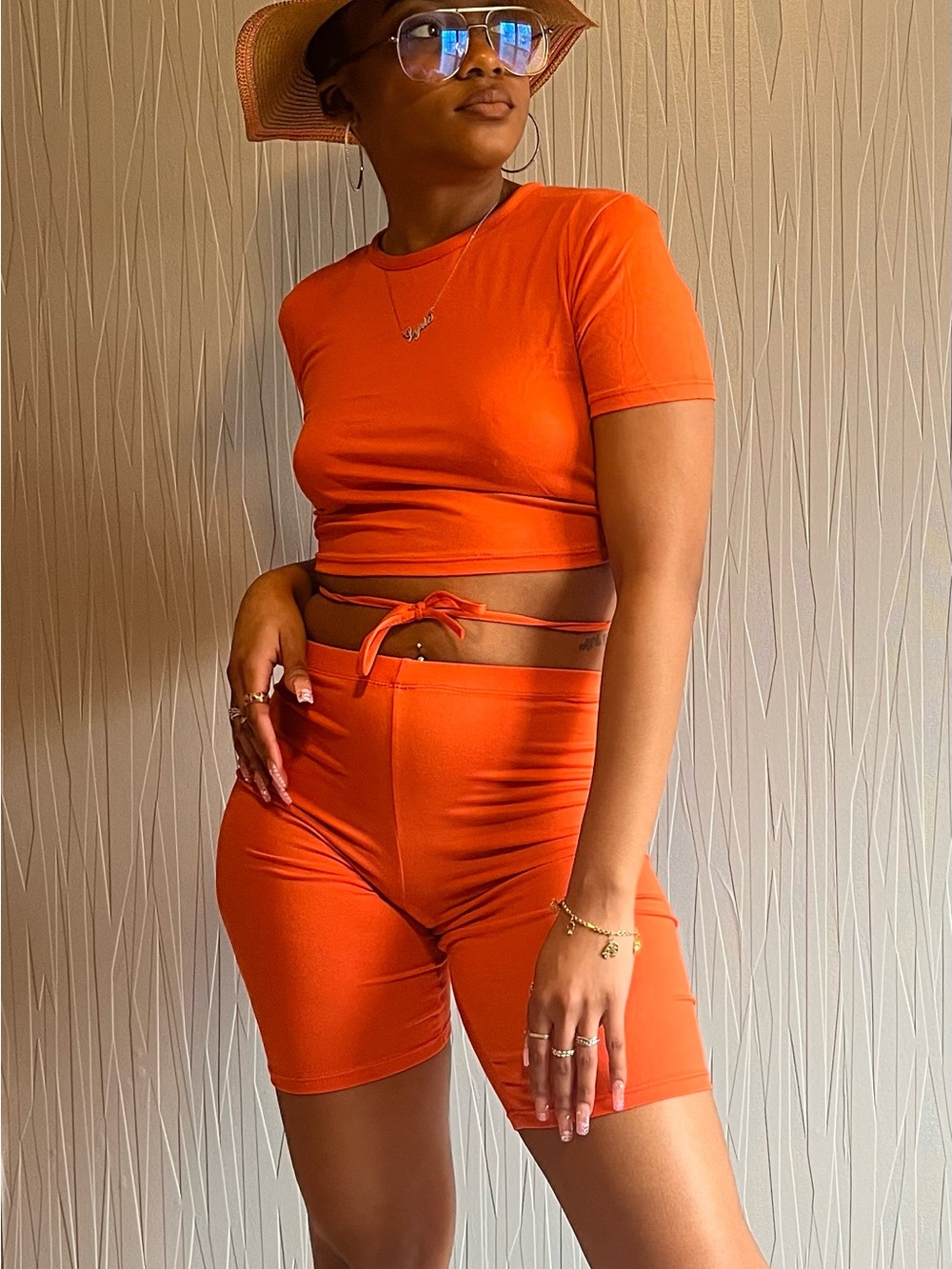 Women's Orange Short Sleeve Crop Top & Bike Shorts Set